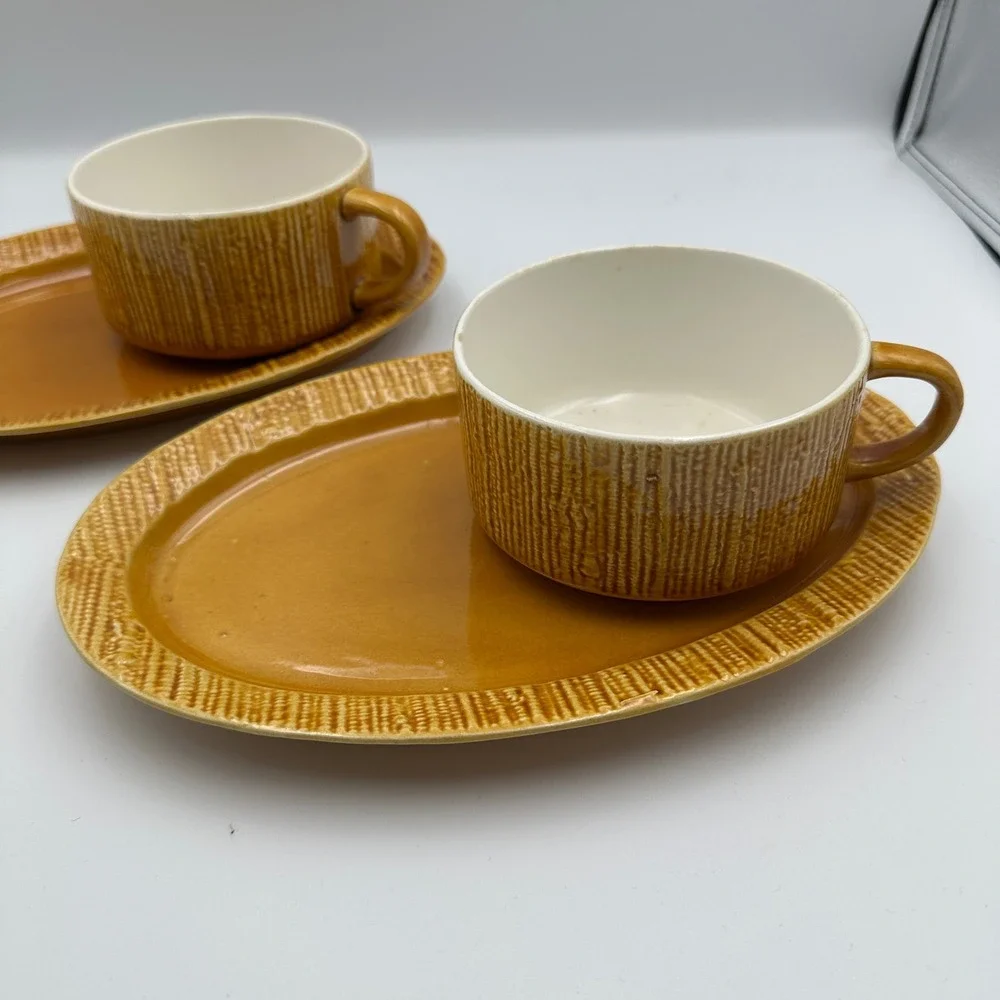 Vintage SECLA Portugal Snack Plate and Cup Set Golden Brown Ceramic Set of 2‎